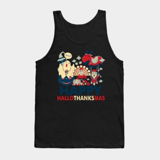 Retro Happy Hallowthanksmas for Halloween Thanksgiving Xmas Tank Top